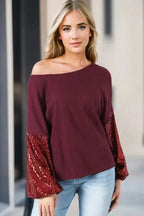 Sequin Sleeve Open Back Waffle Knit Top - Fashionfitz