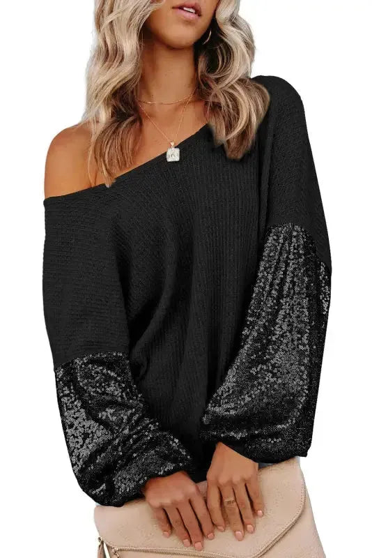 Sequin Sleeve Open Back Waffle Knit Top - Black - Fashionfitz