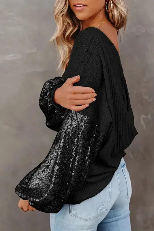 Sequin Sleeve Open Back Waffle Knit Top - Black - Fashionfitz