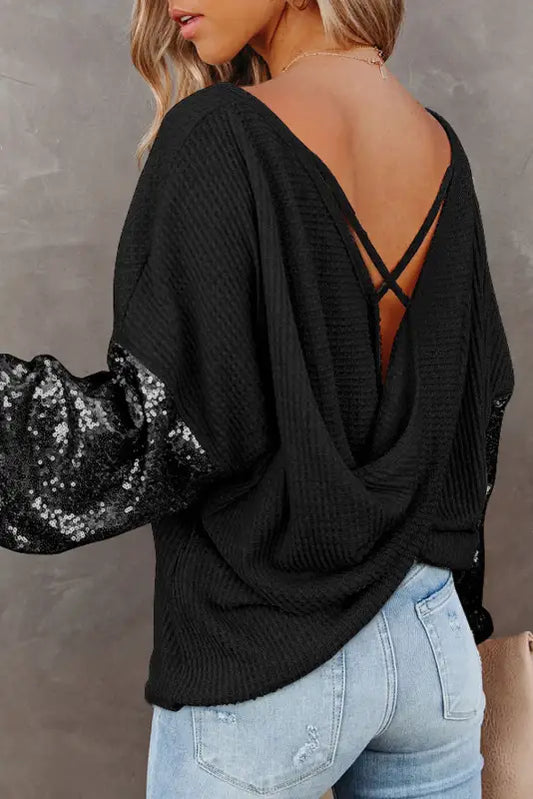 Black sequin patchwork sleeve open back waffle knit top - sweaters & cardigans