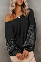 Sequin Sleeve Open Back Waffle Knit Top - Black - Fashionfitz
