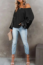 Sequin Sleeve Open Back Waffle Knit Top - Black - Fashionfitz
