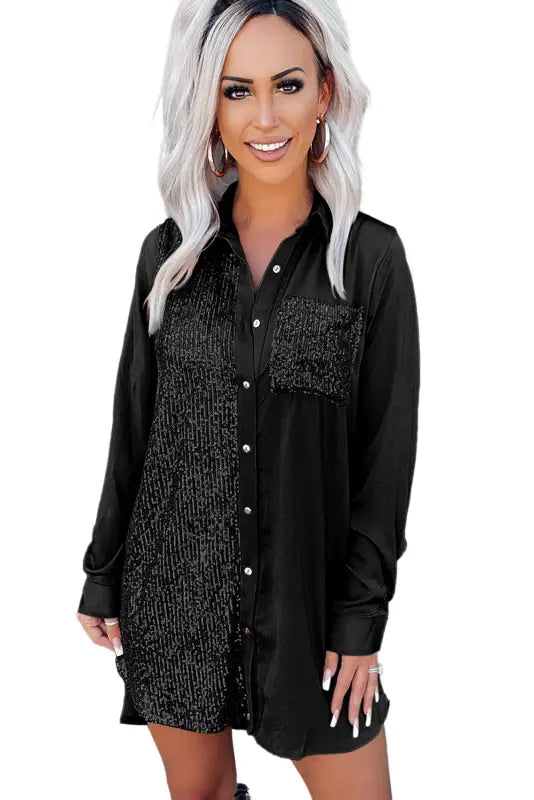 Sequin splicing shirt dress - mini dresses