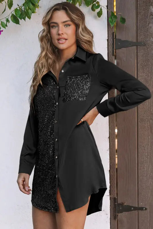 Sequin splicing shirt dress - mini dresses