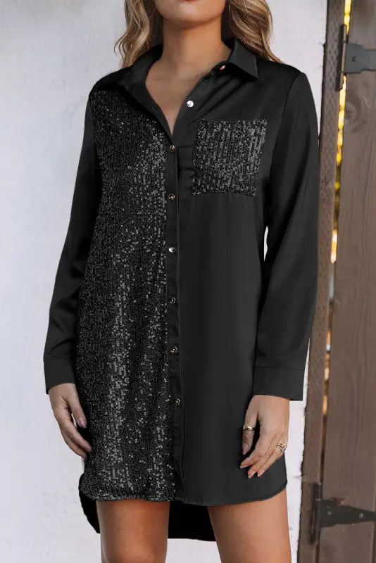 Sequin splicing shirt dress - mini dresses