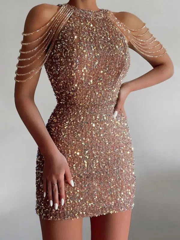 Sequined chain beads bodycon party dress - dresses