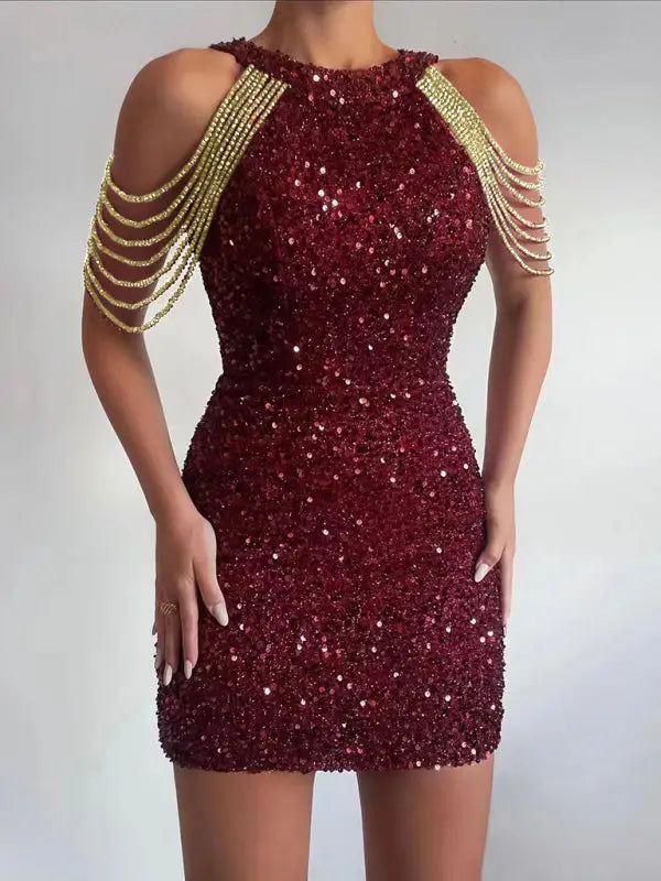 Sequined chain beads bodycon party dress - wine red / s - dresses