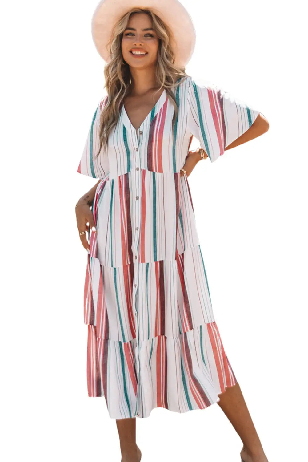 Serape striped v neck buttoned shirt dress - maxi dresses