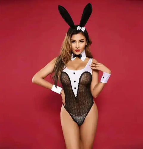 Sexy bunny lace cosplay lingerie bodysuit front view — Fashionfitz UK