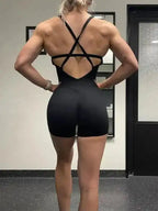 Sexy buttocks yoga pants sports one-piece fitness pants open back cross jumpsuit - Fashionfitz