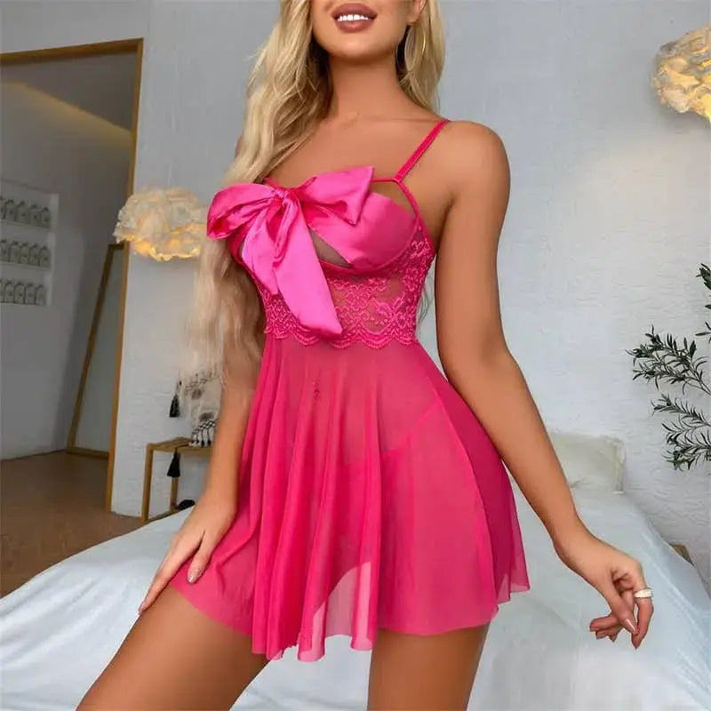 Sexy lace chemise nightgown with big bow - sets