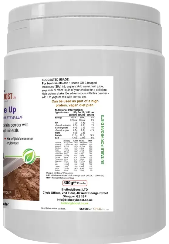Shake Me Up Chocolate back showing nutritional information with plant protein, fibre, vitamins and minerals content