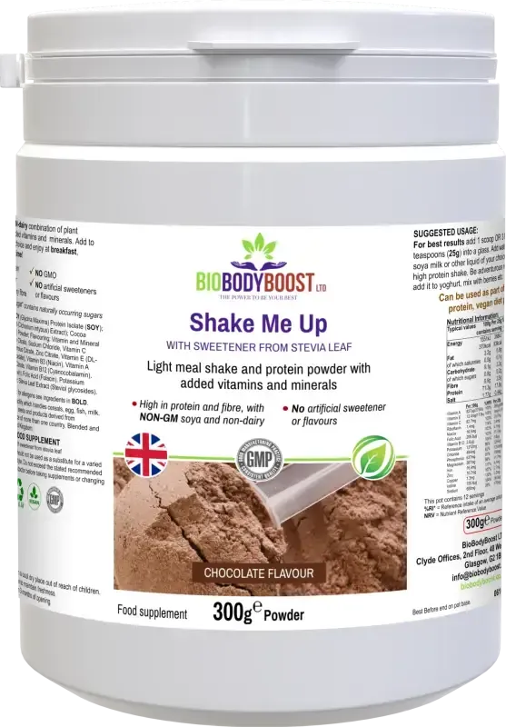 Shake Me Up Chocolate Vegan Protein Meal Shake — fortified with plant protein, vitamins and minerals, 500g chocolate flavour, BioBodyBoost UK