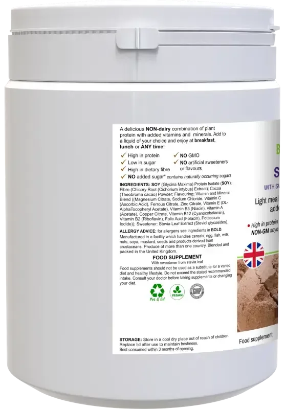 Shake Me Up Chocolate angled view — vegan meal replacement shake for daily nutrition and energy, BioBodyBoost UK