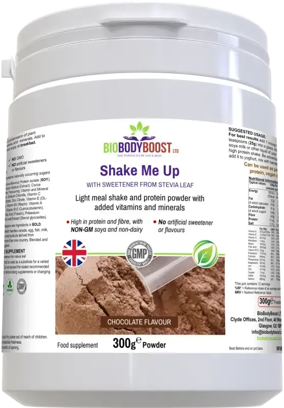 Shake Me Up Chocolate front-angle view showing rich chocolate protein powder for balanced vegan nutrition