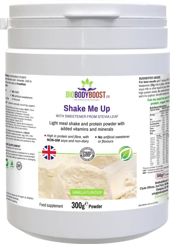 Shake Me Up Vanilla back showing nutritional information with plant protein, fibre, vitamins and minerals content