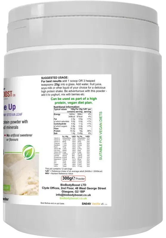 Shake Me Up Vanilla angled view — vegan meal replacement shake for daily balanced nutrition and energy, BioBodyBoost UK