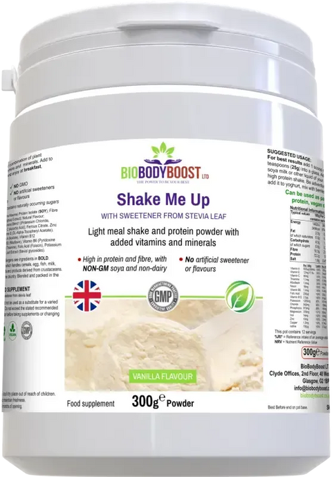 Shake Me Up Vanilla Vegan Protein Meal Shake — fortified with plant protein, vitamins and minerals, 500g vanilla flavour, BioBodyBoost UK
