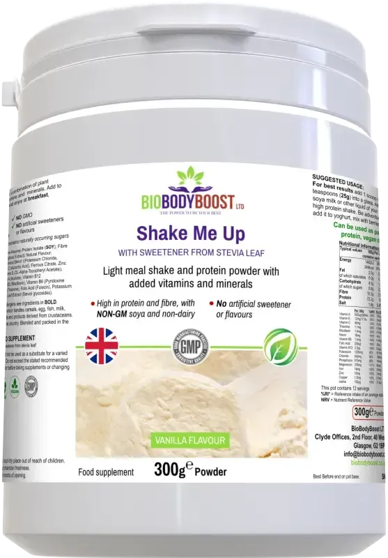 Shake Me Up Vanilla Vegan Protein Meal Shake — fortified with plant protein, vitamins and minerals, 500g vanilla flavour, BioBodyBoost UK