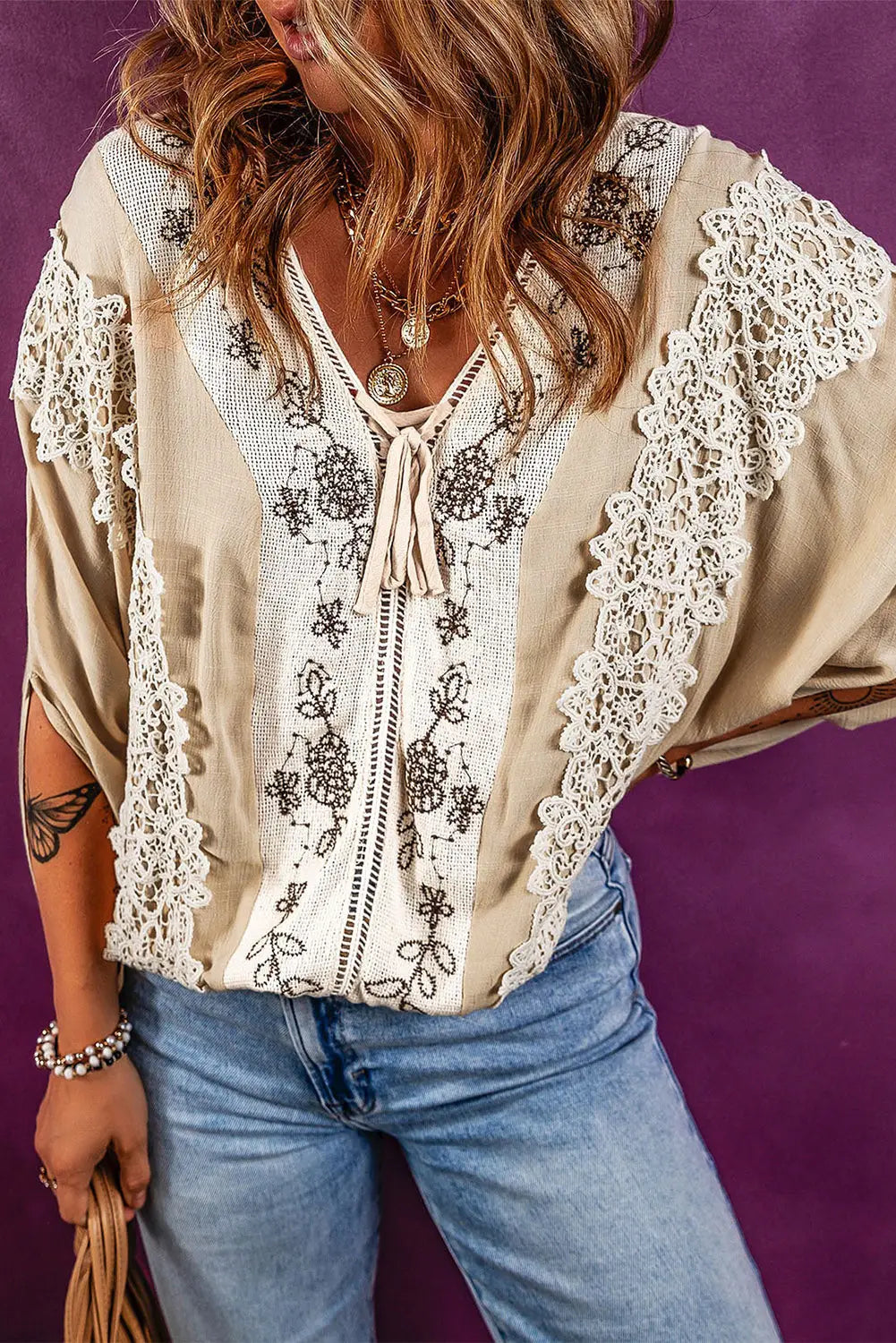 Sheepskin lace crochet patchwork slit sleeve loose blouse - blouses & shirts