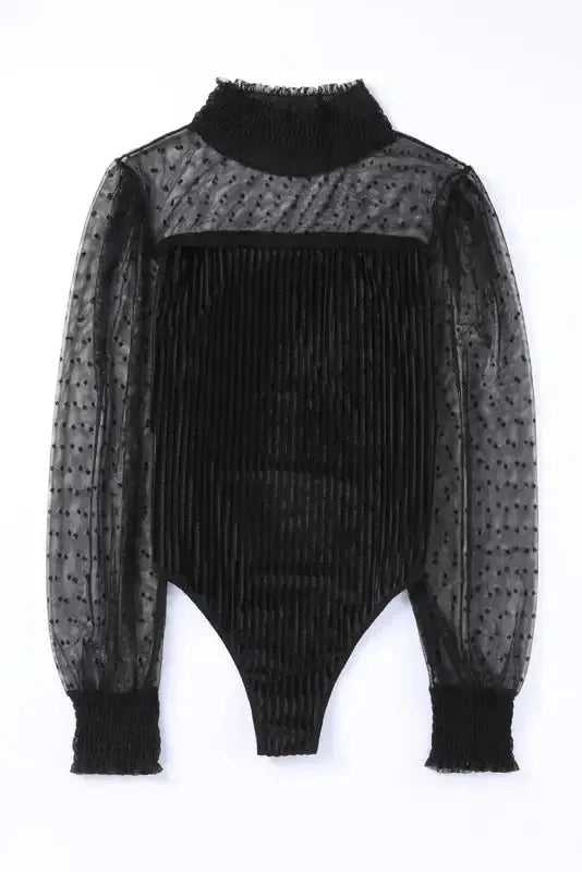 Sheer Dotty Long Sleeve Ribbed Velvet Bodysuit - Fashionfitz