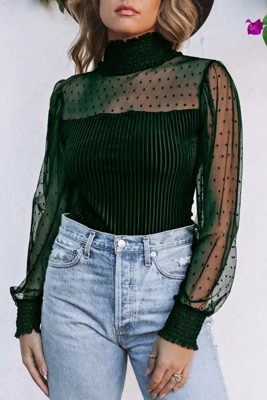 Black sheer dotty long sleeve ribbed velvet bodysuit - tops