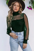 Sheer Dotty Long Sleeve Ribbed Velvet Bodysuit - Fashionfitz