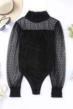 Sheer Dotty Long Sleeve Ribbed Velvet Bodysuit - Fashionfitz