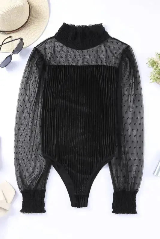 Sheer Dotty Long Sleeve Ribbed Velvet Bodysuit - Fashionfitz