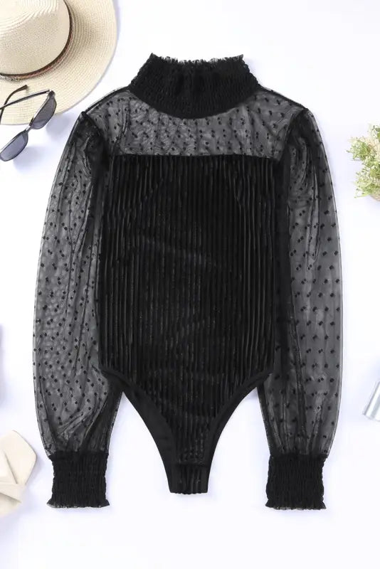 Black sheer dotty long sleeve ribbed velvet bodysuit - tops