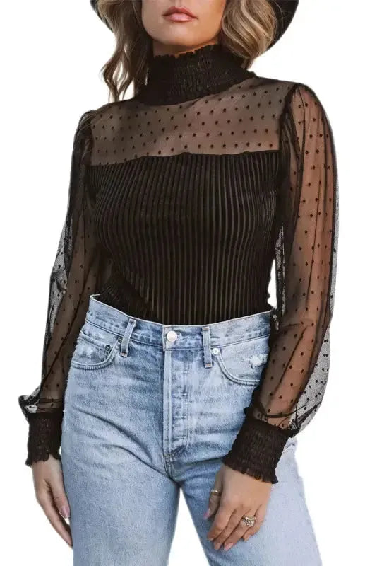 Sheer Dotty Long Sleeve Ribbed Velvet Bodysuit - Fashionfitz