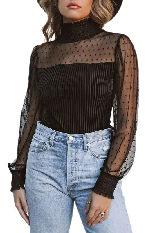 Black sheer dotty long sleeve ribbed velvet bodysuit - tops