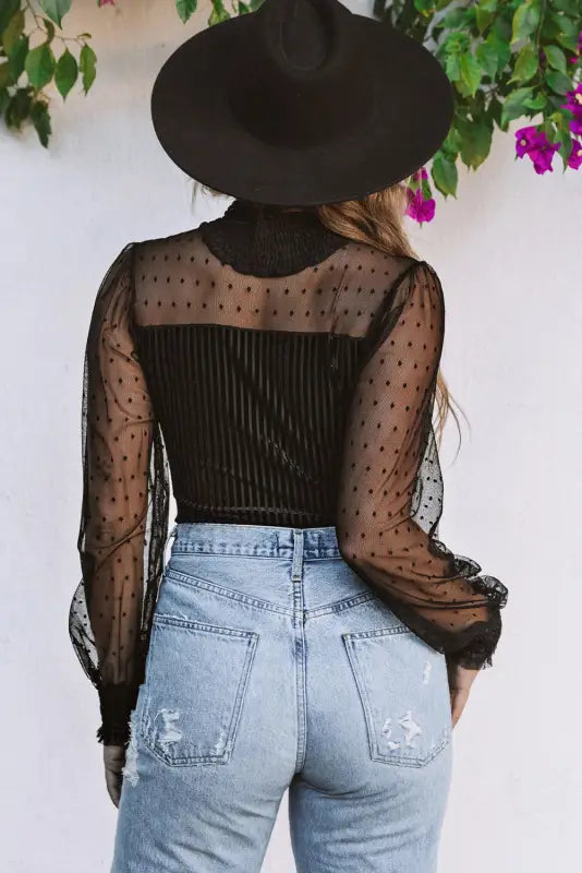 Black sheer dotty long sleeve ribbed velvet bodysuit - tops