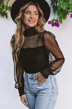 Sheer Dotty Long Sleeve Ribbed Velvet Bodysuit - Fashionfitz