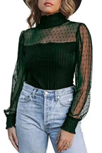 Sheer Dotty Long Sleeve Ribbed Velvet Bodysuit - Fashionfitz