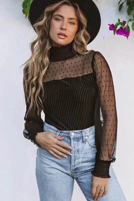 Sheer Dotty Long Sleeve Ribbed Velvet Bodysuit - Fashionfitz