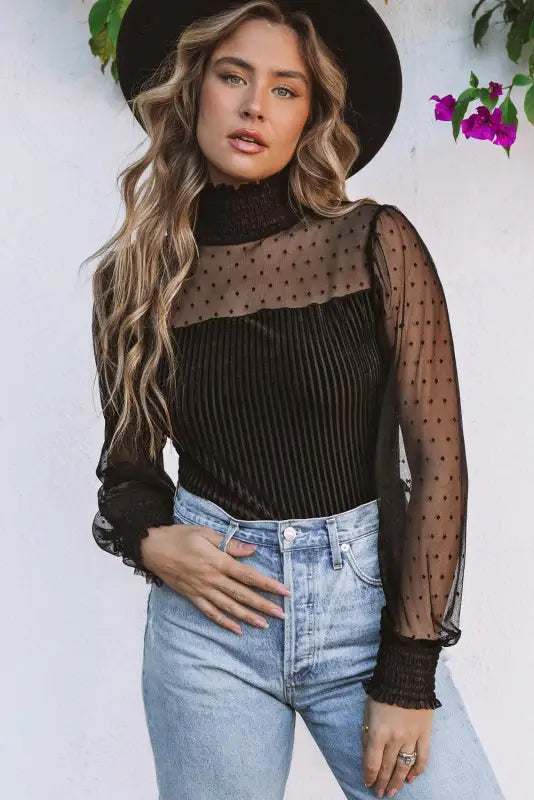 Black sheer dotty long sleeve ribbed velvet bodysuit - s / 95% polyester + 5% elastane - tops