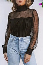 Sheer Dotty Long Sleeve Ribbed Velvet Bodysuit - Fashionfitz