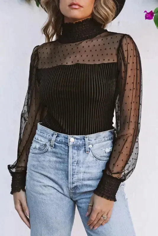 Sheer Dotty Long Sleeve Ribbed Velvet Bodysuit - Fashionfitz