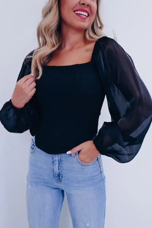 Black sheer lantern sleeve square neck top - tops