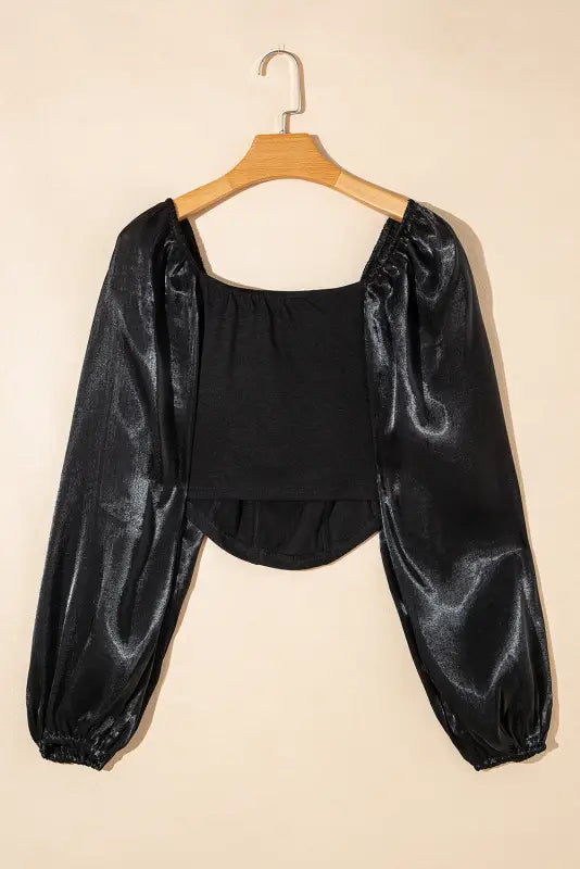 Black sheer lantern sleeve square neck top - tops