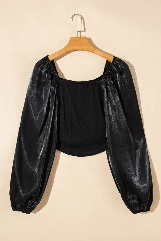 Black sheer lantern sleeve square neck top - tops