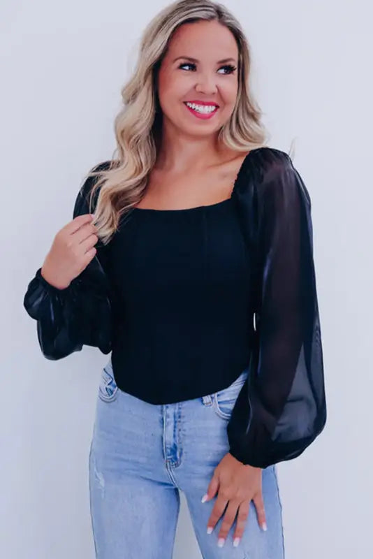 Black sheer lantern sleeve square neck top - tops