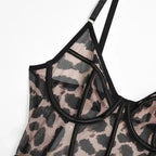 Sheer Mesh Leopard Print Sexy Bustier Set - Fashionfitz