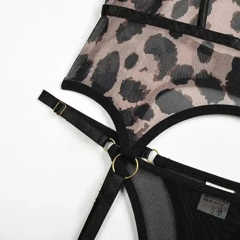 Sheer Mesh Leopard Print Sexy Bustier Set - Fashionfitz