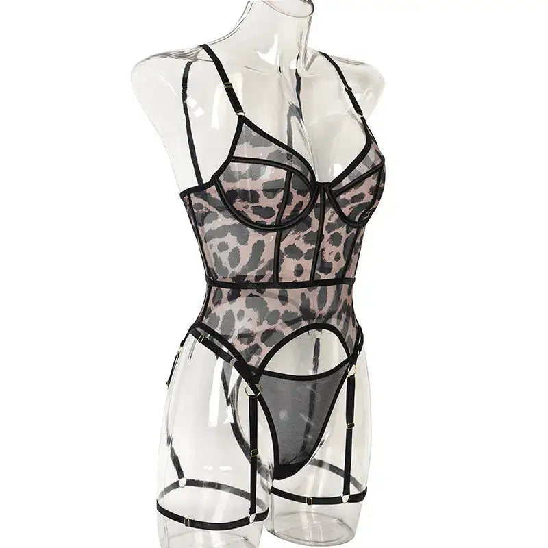 Sheer mesh leopard print sexy bustier set - sets