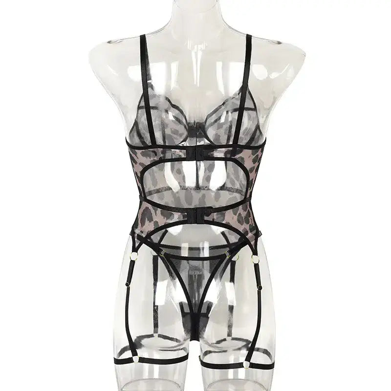 Sheer mesh leopard print sexy bustier set - sets