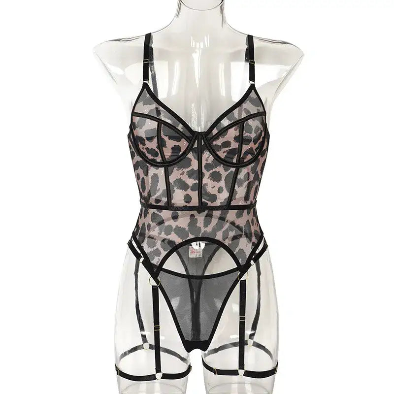 Sheer mesh leopard print sexy bustier set - sets