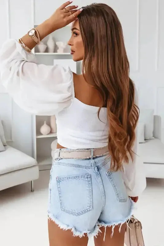 Sheer Puff Sleeve Crop Top - White - Fashionfitz