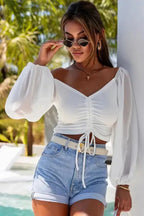 Sheer Puff Sleeve Crop Top - White - Fashionfitz